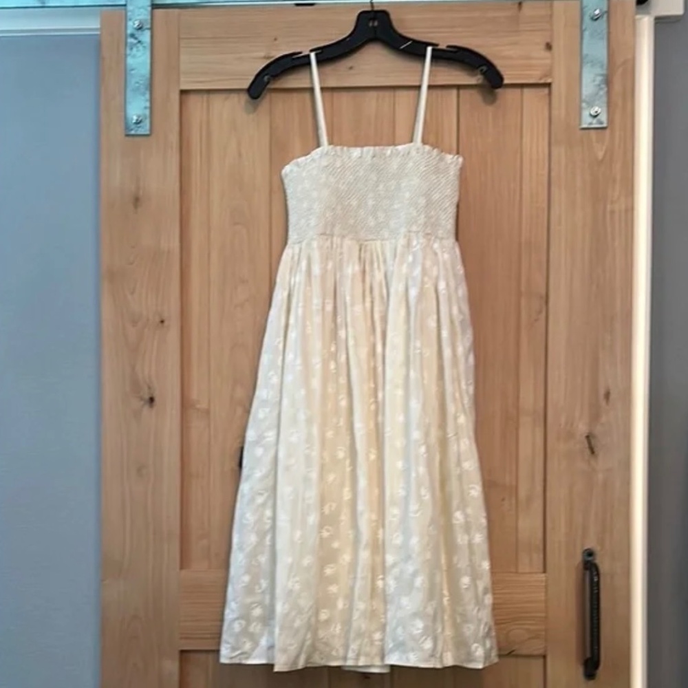 Tory Burch Silk Dupioni Smocked Midi Dress Beige Scatter Daisy Size 4 NWT - Picture 5 of 8